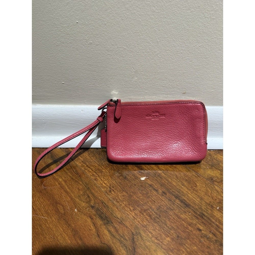 Coach Pink Pebbled Leather Double Corner Zip Wristlet Wallet, Handbag Purse